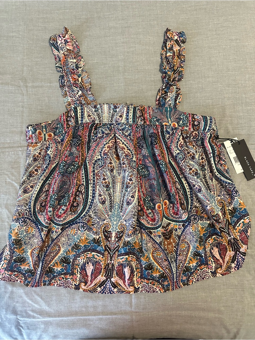 Black Tape_ Paisley Ruffle-Strap Tank Top in Multicolor